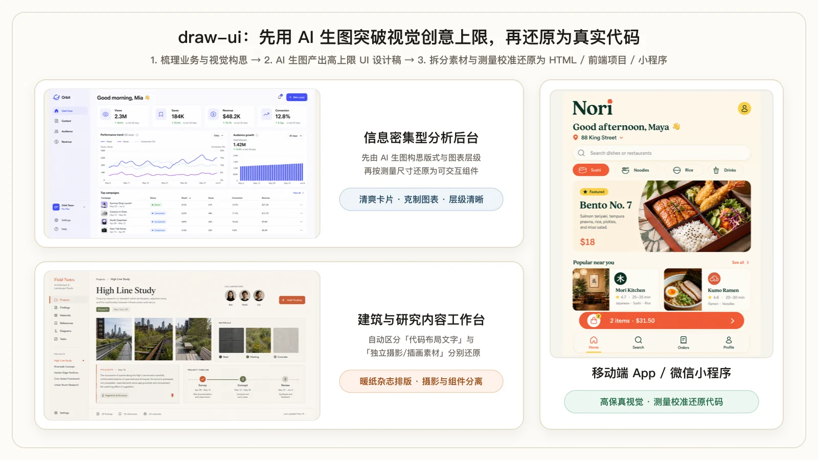 使用 draw-ui 先通过 AI 生图突破视觉创意上限,再拆解素材并测量校准还原为真实代码