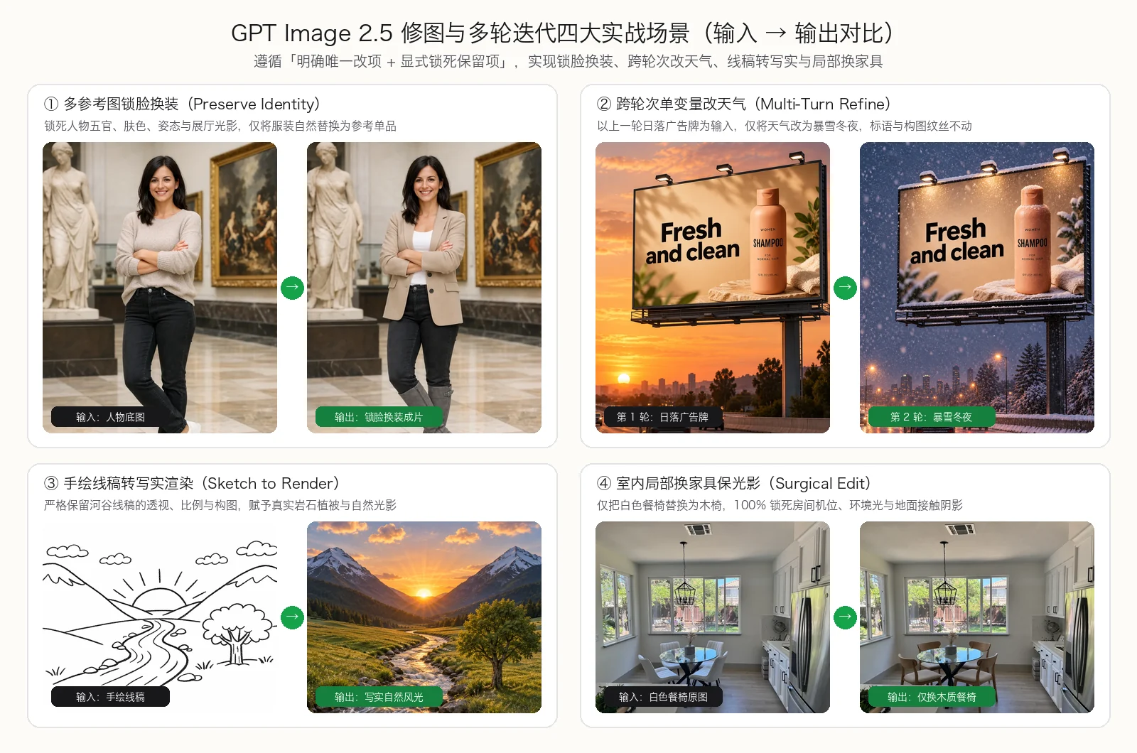GPT Image 2.5 修图与多轮迭代四大实战场景前后对比