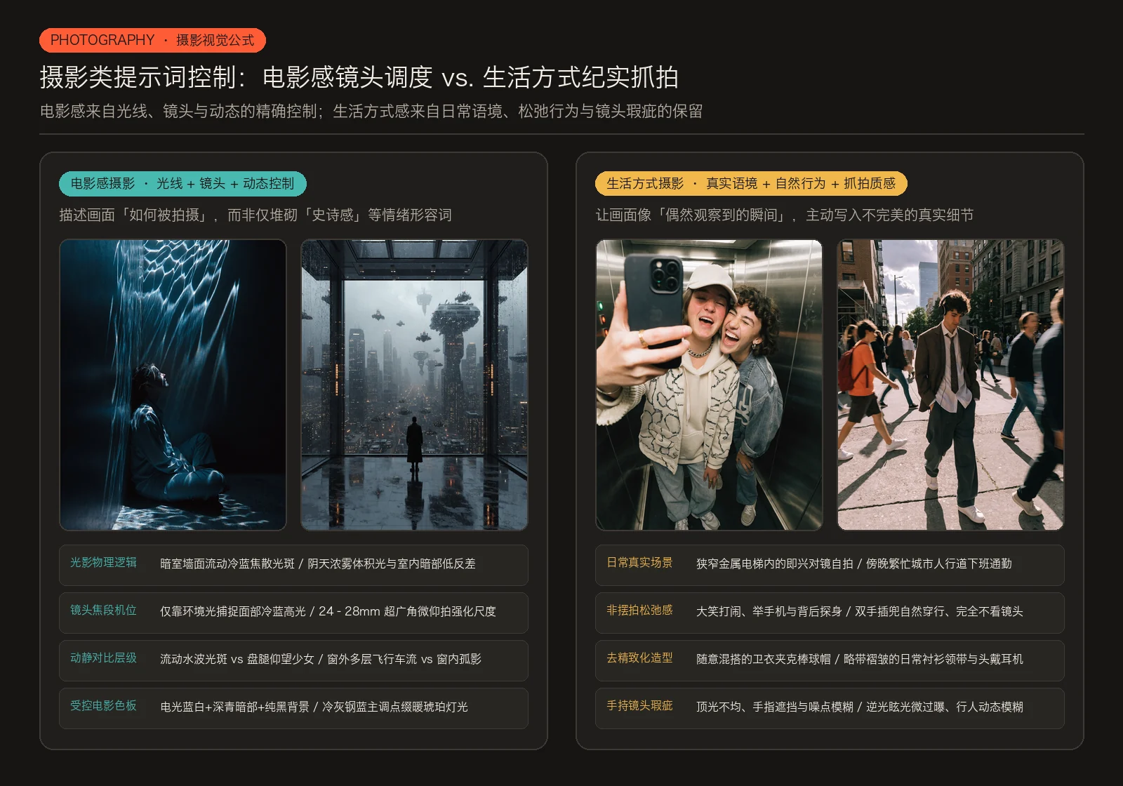 电影感摄影与生活方式纪实抓拍的提示词控制逻辑对比