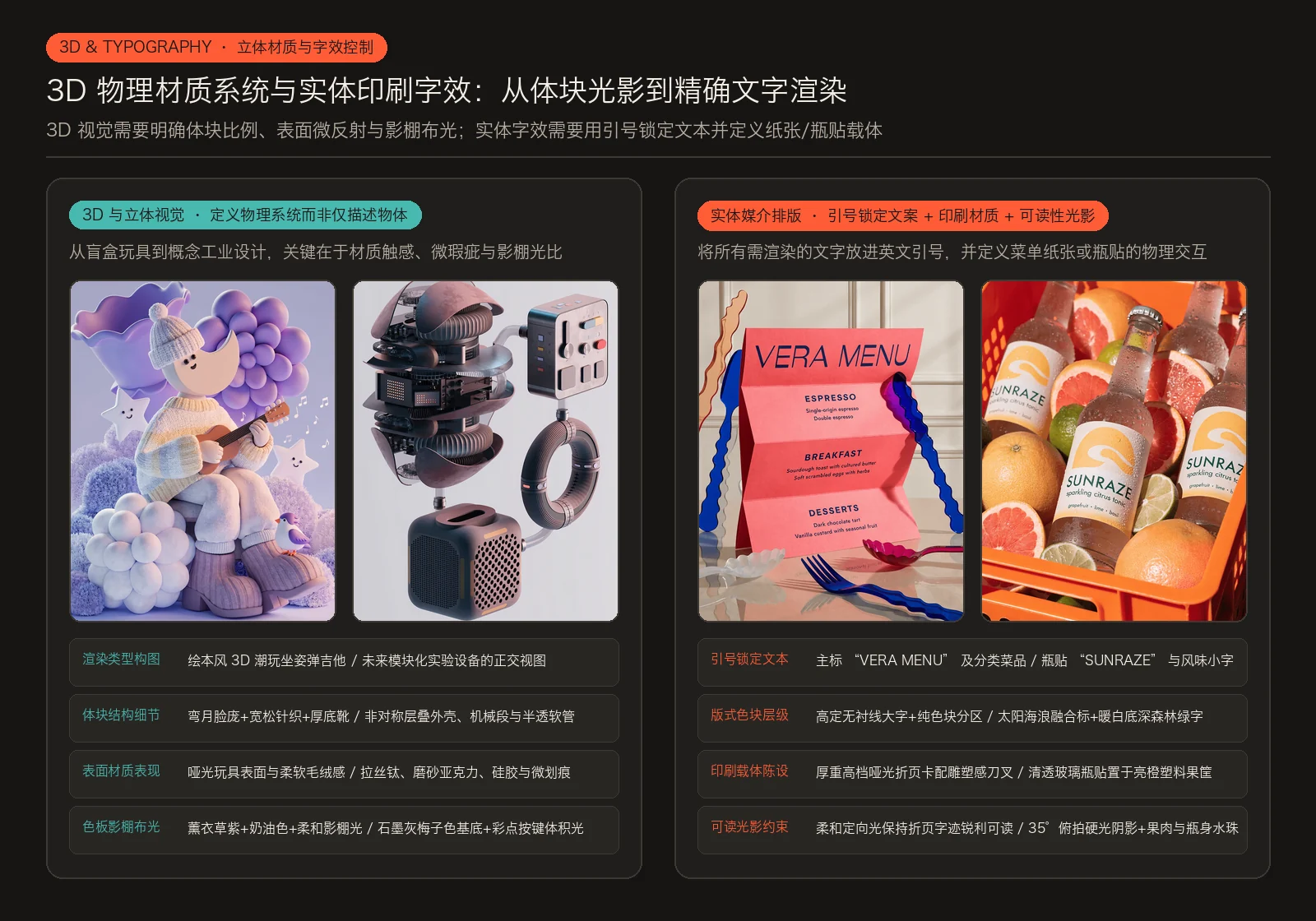 3D 物理材质系统与实体印刷字效的提示词控制逻辑
